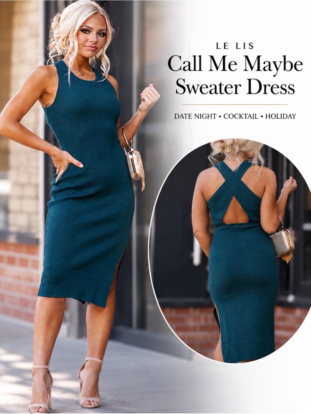 TITLE: LE LIS Call Me Maybe Emerald Ribbed Open Back Midi Dress S